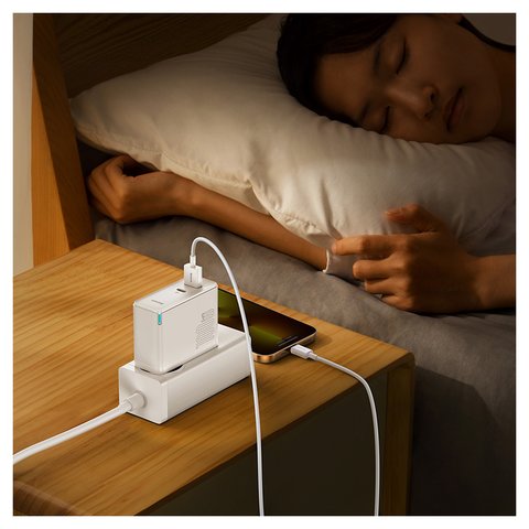 Adaptador de red Baseus GaN5 Pro, 100 W, Quick Charge, blanco, con cable USB tipo C - USB tipo C, 2 puertos, #CCGP090202 Vista previa  2