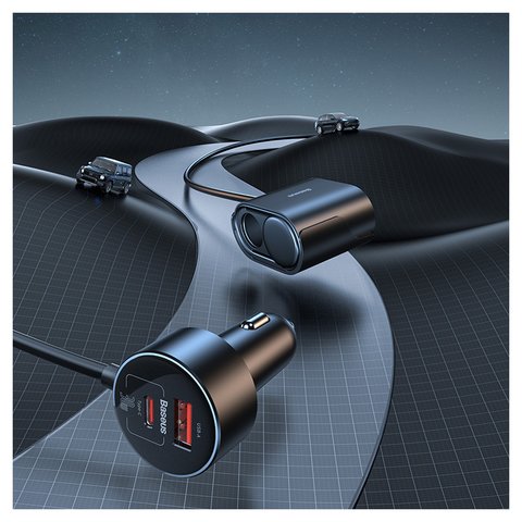 Автомобильное зарядное устройство Baseus High Efficiency Pro 1-for-2, черное, с розеткой, 30 Вт, 2 порта, 12-24 B, #C00455300121-00 Превью 2